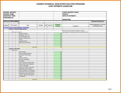 Sample Construction Estimate Spreadsheet Within Building Cost