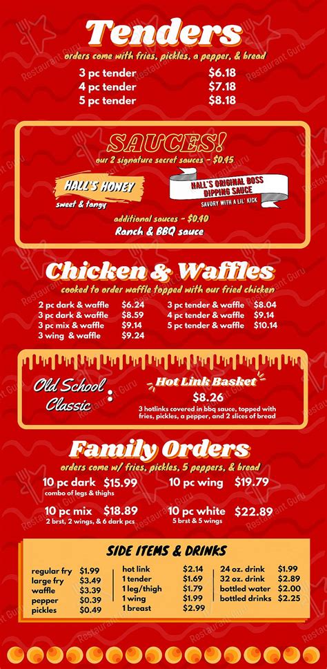 Menu At Hall S Honey Fried Chicken Restaurant Dallas Medical District Dr