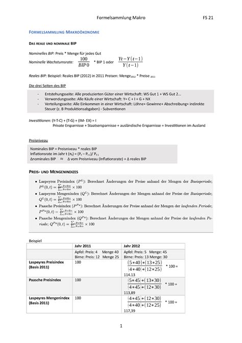 Formelsammlung Makroökonomie FORMELSAMMLUNG MAKROÖKONOMIE DAS REALE