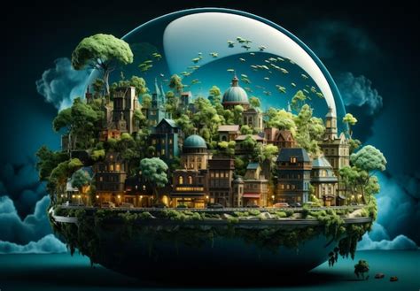 Premium AI Image A Futuristic City Surrounded By Trees And Clouds