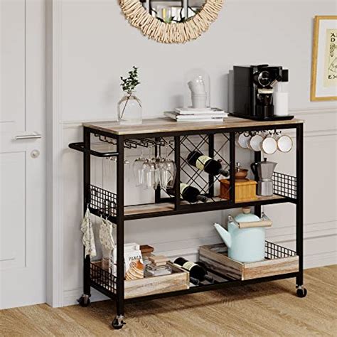 Ironck Wine Rack Table Industrial Bar Cart On Wheels Kitchen Storage Cart For The Home Wood And