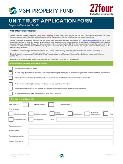 Fillable Online Unit Trust Application Form Msm Property Fund Fax