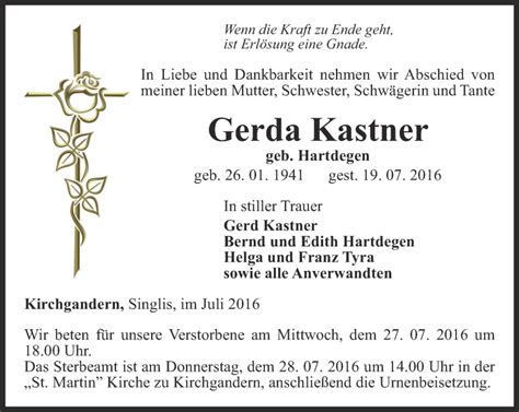 Traueranzeigen Von Gerda Kastner Trauer In Thueringen De