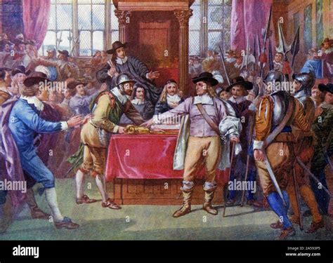 Coloured halftone of Oliver Cromwell evicting the rump parliament with ...