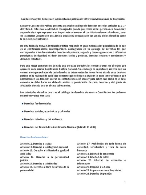 Los Derechos Fundamentales En La Constitución Política De 1991 Y Sus Mecanismos De Protección