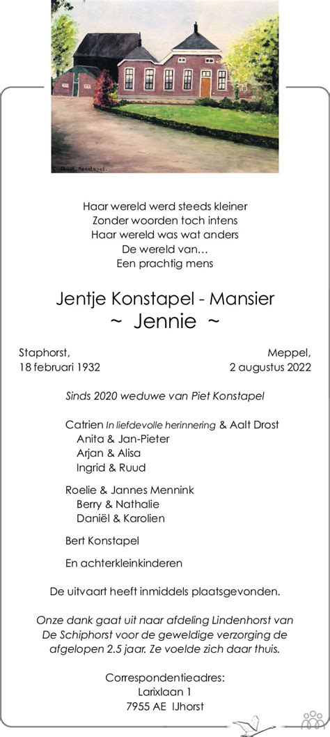 Jentje Jennie Konstapel Mansier Overlijdensbericht En