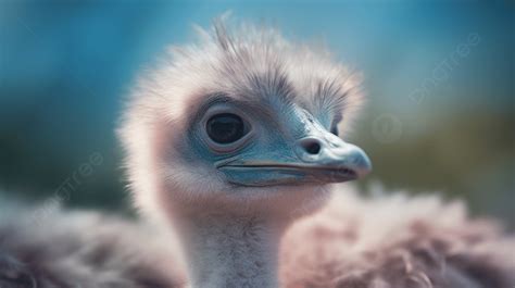 Baby Ostrich With White Feathers And Blue Eyes Background Ostrich