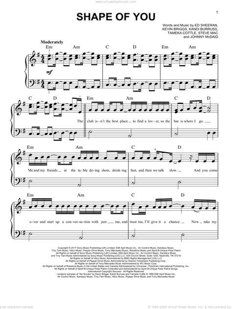 Sheeran Shape Of You Easy Sheet Music For Piano Solo Pdf