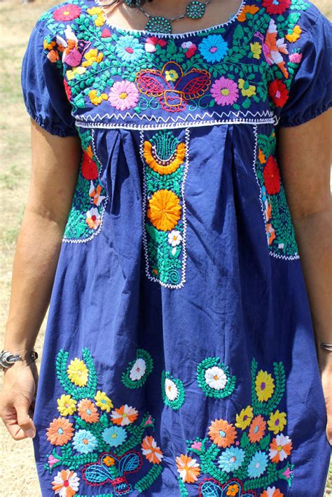 Royal Blue Vintage Hand Embroidered Mexican Dress Honeywood