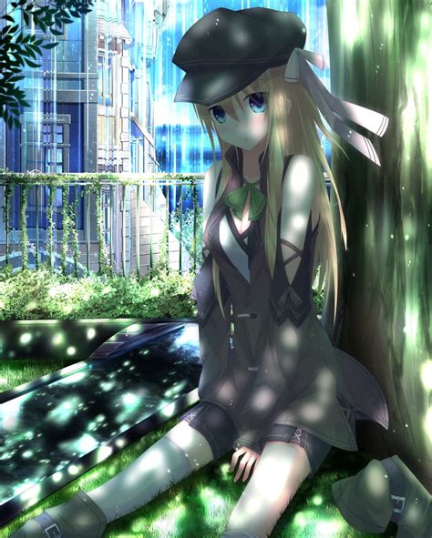 Wallpaper Blonde Long Hair Anime Girls Blue Eyes Park Hat Open