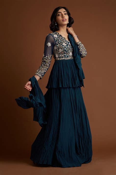 Buy Aayushi Maniar Blue Crepe Silk Embroidered Kurta Lehenga Set Online