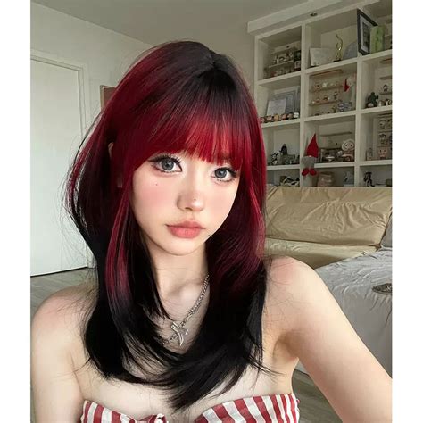 Black Red Gradient Long Straight Wig With Bangs Y2k Black Red Clavicle Length Wig Womens Red