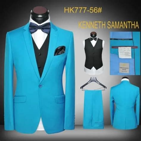 2017 Latest Coat Pant Designs Turquoise Blue Colorful Suits Men Formal