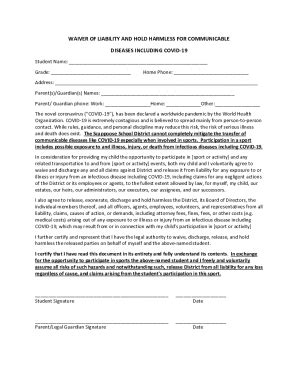 Fillable Online Waiver Of Liability For COVID 19 Student Sport Or