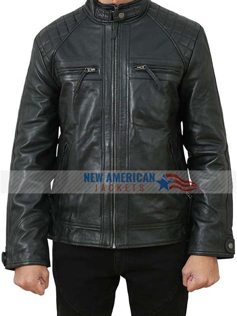 Mens Biker Quilted Shoulder Black Leather Jacket