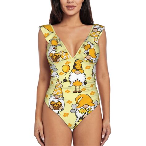 Bingfone Garden Honeybee Gnomes Print Women Ruffle One Piece Swimsuit