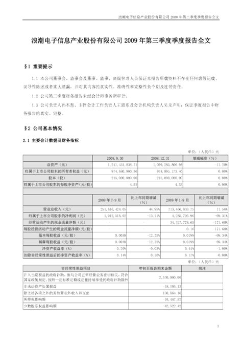 浪潮信息：2009年第三季度报告