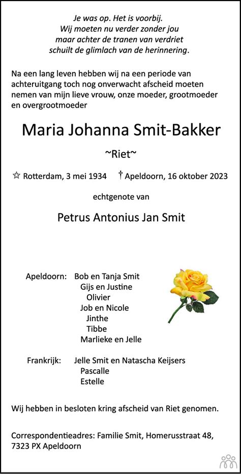 Riet Maria Johanna Smit Bakker 16 10 2023 Overlijdensbericht En