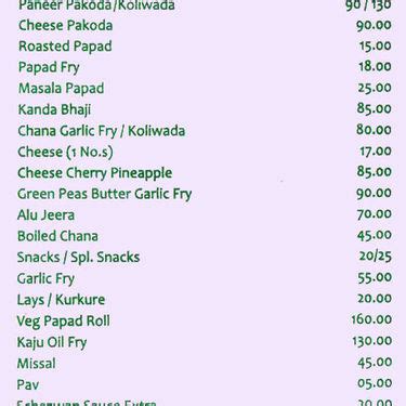 Menu Of Hotel Shalu Dombivali East Thane Region