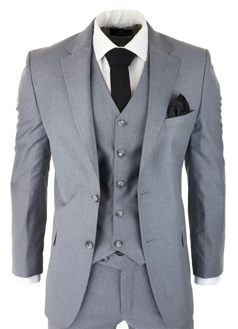 Mens Classic Grey Piece Suit Slim Fit Vintage Retro Smart Formal