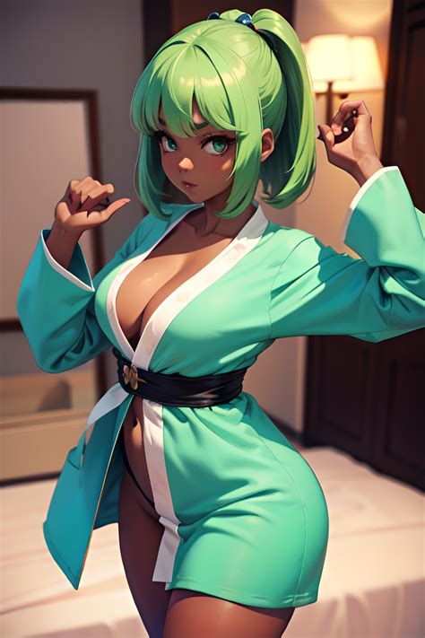 Anime Busty Small Tits S Age Serious Face Green Hair Bangs Hair Style Dark Skin D Stage Close