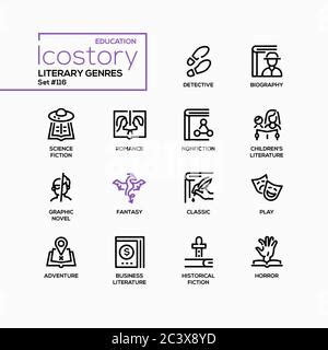 Literary Genres Line Design Style Icons Set Bookstore Reading