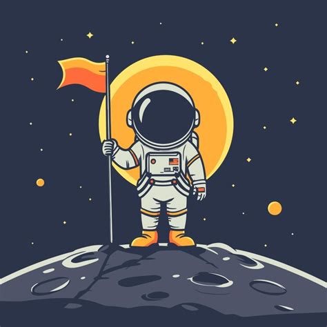 Astronauta de pé segurando bandeira na ilustração da lua vetor