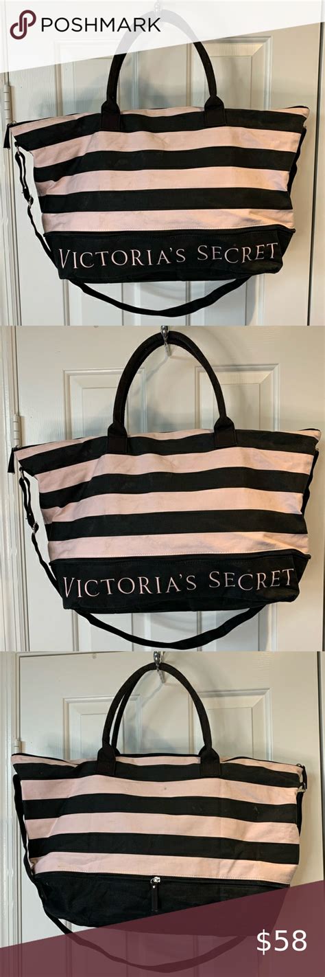 Victorias Secret Pink Black Stripe Tote Bag In 2021 Striped Tote