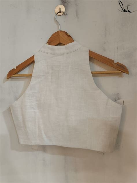 Cotton White Sleeveless Blouse With High Neck|Code White|Suta