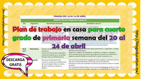 Plan De Trabajo En Casa Para Cuarto Grado De Primaria Semana Del 20 Al