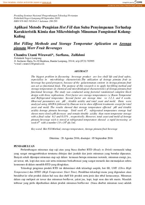 Pdf Aplikasi Metode Pengisian Hot Fill Dan Suhu Penyimpanan Terhadap