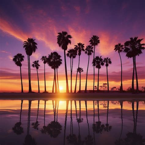 Premium AI Image | purple and gold sunset palm trees California