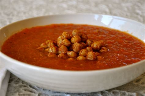 Vegan Red Bell Pepper Soup with Crunchy Garbanzo Beans