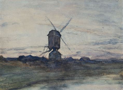 Constan Gabriel Aquarellen Te Koop Molen Bij Zonsondergang