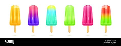 Fruit Popsicle Colorful Ice Creams On Wooden Stick Vector Realistic