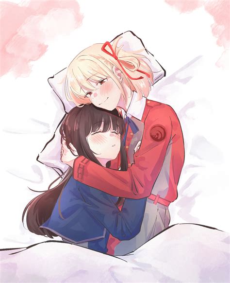 Safebooru 2girls Absurdres Bed Black Hair Blonde Hair Blush Closed Eyes Couple Happy Highres