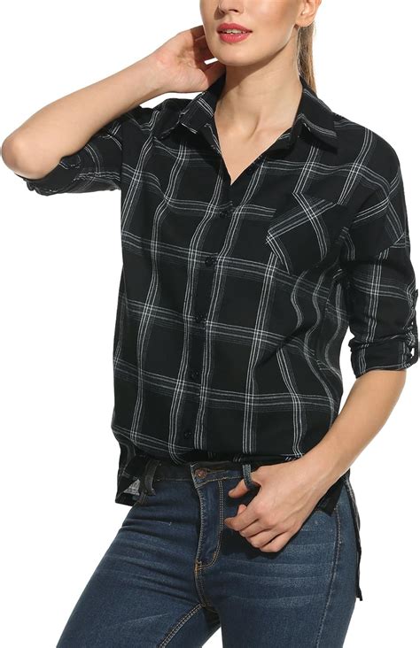 Meaneor Womens Soft Roll Up Sleeve Boyfriend Plaid Button Down Shirt Tunic Top