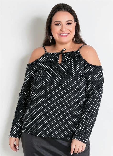 Blusa Poá Com Ombros Vazados E Alças Plus Size Marguerite