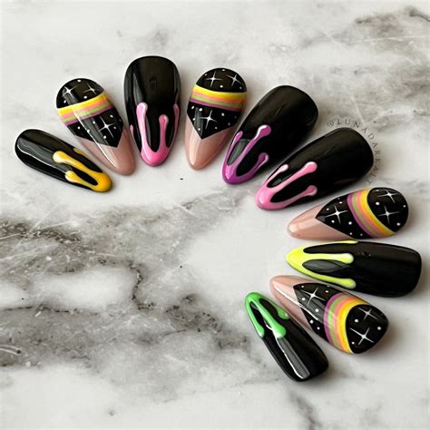 Neon Space Rainbow Nails Neon Drip Nails Goth Press Ons - Etsy