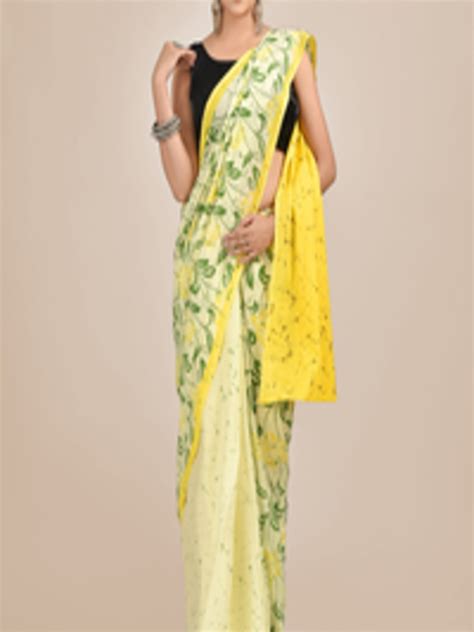 Buy Mitera Yellow And Green Floral Pure Cotton Saree Sarees For Women