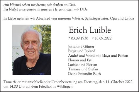 Traueranzeigen von Erich Luible Südwest Presse Trauer