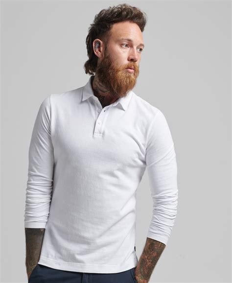 Mens Long Sleeve Cotton Jersey Polo Shirt In Optic Superdry Uk