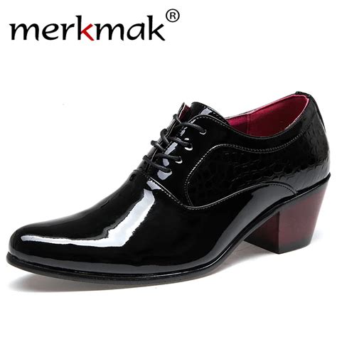 Merkmak Luxury Men Dress Wedding Shoes Patent Glossy Leather 6cm High