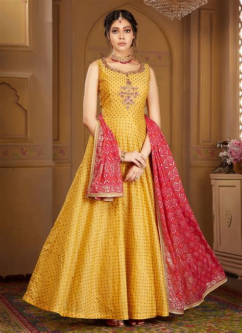 Embroidered Yellow Banarasi Silk Readymade Salwar Kameez Buy Online