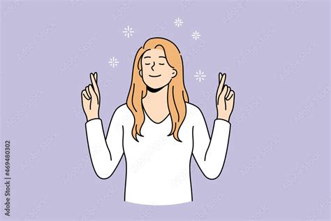 Feeling hope with crossed fingers concept. Young positive woman cartoon ...