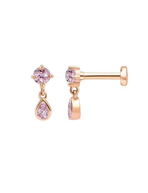 Pink Sapphire Dangle Cartilage Earring14k Solid Gold Minimal Etsy