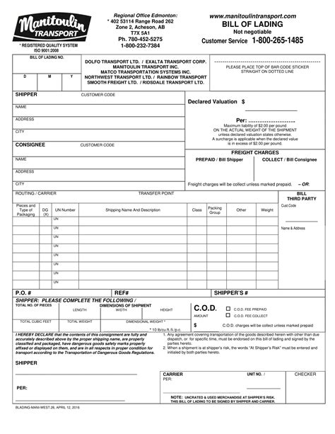 Transport Bill Of Lading Examples Format Pdf