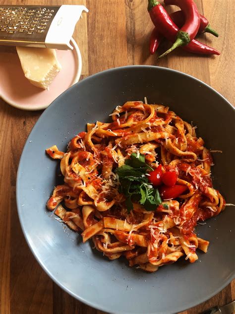 Homemade Tagliatelle With A Roasted Red Pepper And Garlic Sauce With A