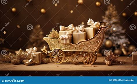 Golden Christmas Carriage With Presents On A Wooden Background 3d