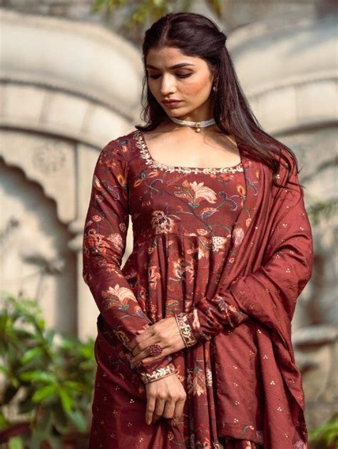 Brown Floral Printed Cotton Silk Anarkali Set Set Of Angrakha